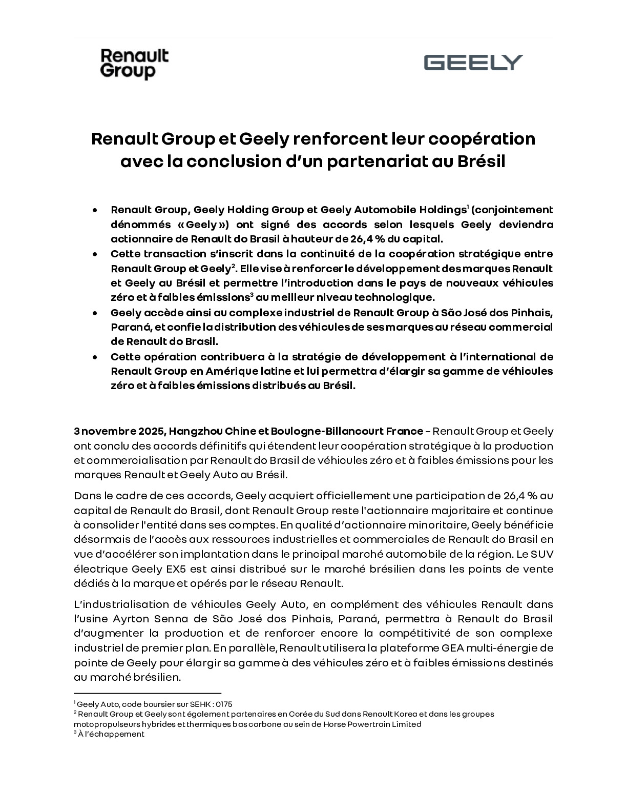 Renault et Geely dynamisent leur partenariat au Brésil pour propulser la révolution des véhicules électriques